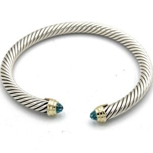 Authentic David Yurman classic cable bracelet SS /14 k gold and blue topaz 5mm